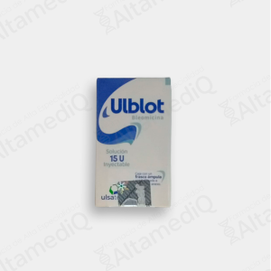 Caja de medicamento Ulblot Bleomicina 15 U inyectable Solución para infusión. Farmacia de Alta Especialidad AltamediQ.