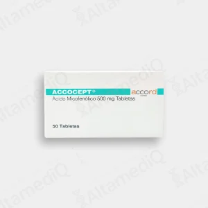 Caja de medicamento inmunosupresor de alta especialidad Accocept Ácido Micofenólico 500 mg con 50 tabletas Accord. Farmacia de Alta Especialidad AltamediQ.