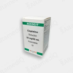Caja de medicamento oncológico de alta especialidad Accocit Cisplatino 50 mg / 50 mL solución inyectable con un frasco ámpula Accord. Farmacia de Alta Especialidad AltamediQ.