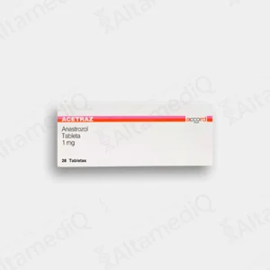 Caja de medicamento oncológico de alta especialidad Acetraz Anastrozol 1 mg con 28 tabletas Accord. Farmacia de Alta Especialidad AltamediQ.