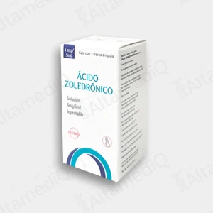 Caja de medicamento de alta especialidad Ácido Zoledrónico 4 mg / 5 mL solución inyectable con un frasco ámpula Hetero. Farmacia de Alta Especialidad AltamediQ.