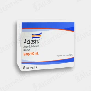 Caja de medicamento de alta especialidad para salud ósea Aclasta Ácido Zoledrónico 5 mg / 100 mL solución inyectable con frasco Novartis. Farmacia de Alta Especialidad AltamediQ.