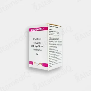 Caja de medicamento oncológico de alta especialidad Acoexcel Paclitaxel 300 mg / 50 mL solución inyectable con un frasco ámpula Accord. Farmacia de Alta Especialidad AltamediQ.