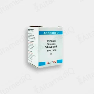 Caja de medicamento oncológico de alta especialidad Acoexcel Paclitaxel 30 mg / 5 mL solución inyectable con un frasco ámpula Accord. Farmacia de Alta Especialidad AltamediQ.
