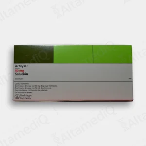 Caja de medicamento hospitalario de alta especialidad Actilyse Alteplasa 50 mg solución inyectable con dos frascos ámpula Boehringer Ingelheim. Farmacia de Alta Especialidad AltamediQ.