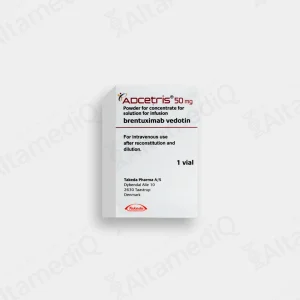 Caja de medicamento oncológico de alta especialidad Adcetris Brentuximab Vedotina 50 mg solución inyectable Takeda. Farmacia de Alta Especialidad AltamediQ.