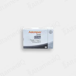 Caja de medicamento de alta especialidad Adempas Riociguat 0.5 mg con 42 comprimidos Bayer. Farmacia de Alta Especialidad AltamediQ.