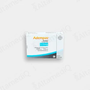 Caja de medicamento cardiopulmonar de alta especialidad Adempas Riociguat 1.5 mg con 42 comprimidos Bayer. Farmacia de Alta Especialidad AltamediQ.