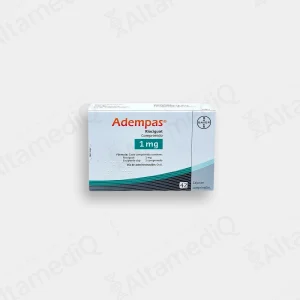 Caja de medicamento cardiopulmonar de alta especialidad Adempas Riociguat 1 mg con 42 comprimidos Bayer. Farmacia de Alta Especialidad AltamediQ.