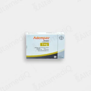 Caja de medicamento cardiopulmonar de alta especialidad Adempas Riociguat 2 mg con 42 comprimidos Bayer. Farmacia de Alta Especialidad AltamediQ.