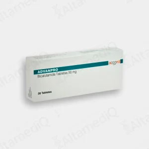 Caja de medicamento oncológico de alta especialidad Advanpro Bicalutamida 50 mg con 28 tabletas Accord. Farmacia de Alta Especialidad AltamediQ.