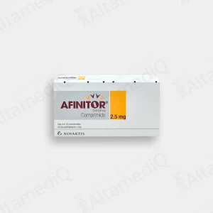 Caja de medicamento oncológico de alta especialidad Afinitor Everolimus 2.5 mg con 30 comprimidos Novartis. Farmacia de Alta Especialidad AltamediQ.