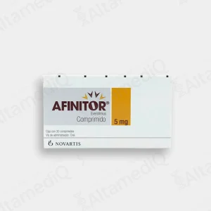 Caja de medicamento oncológico de alta especialidad Afinitor Everolimus 5 mg con 30 comprimidos Novartis. Farmacia de Alta Especialidad AltamediQ.