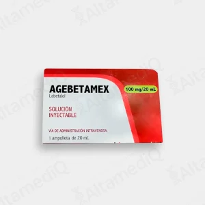 Caja de medicamento antihipertensivo Agebetamex Labetalol 100 mg / 20 mL solución inyectable con 5 ampolletas Naturalmed. Farmacia AltamediQ.