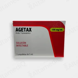 Caja de medicamento hemostático Agetax Ácido Tranexámico 100 mg / mL solución inyectable con 10 ampolletas Naturalmed. Farmacia AltamediQ.