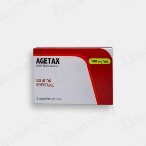 Caja de medicamento hemostático Agetax Ácido Tranexámico 100 mg / mL solución inyectable con 5 ampolletas Naturalmed. Farmacia AltamediQ.