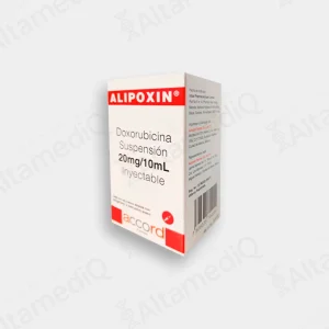 Caja de medicamento oncológico de alta especialidad Alipoxin Doxorubicina 20 mg / 10 mL suspensión inyectable con un frasco ámpula Accord. Farmacia de Alta Especialidad AltamediQ.