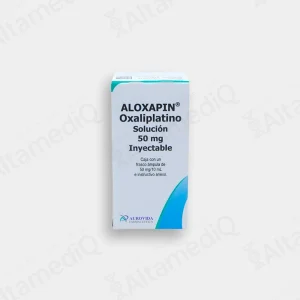 Caja de medicamento oncológico de alta especialidad Aloxapin Oxaliplatino 50 mg solución inyectable con un frasco ámpula Aurovida. Farmacia de Alta Especialidad AltamediQ.