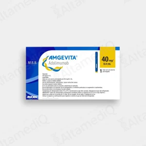 Caja de medicamento biológico de alta especialidad Amgevita Adalimumab 40 mg / 0.8 mL solución inyectable con una pluma precargada autoinyectora Amgen. Farmacia de Alta Especialidad AltamediQ.