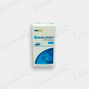 Frasco de medicamento de alta especialidad Amilogen Tretinoína 10 mg con 100 cápsulas Gelpharma. Farmacia de Alta Especialidad AltamediQ.