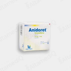 Caja de medicamento oncológico de alta especialidad Anidoret Vinorelbina 10 mg / 1 mL solución inyectable Ulsatech. Farmacia de Alta Especialidad AltamediQ.
