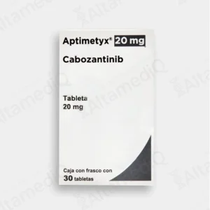 Caja de medicamento oncológico de alta especialidad Aptimetyx Cabozantinib 20 mg con frasco de 30 tabletas Ipsen. Farmacia de Alta Especialidad AltamediQ.