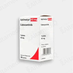 Caja de medicamento oncológico de alta especialidad Aptimetyx Cabozantinib 40 mg con frasco de 30 tabletas Ipsen. Farmacia de Alta Especialidad AltamediQ.