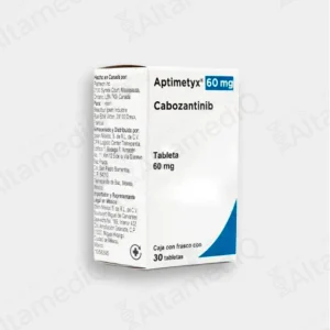 Caja de medicamento oncológico de alta especialidad Aptimetyx Cabozantinib 60 mg con frasco de 30 tabletas Ipsen. Farmacia de Alta Especialidad AltamediQ.