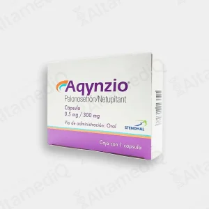 Caja de medicamento de alta especialidad Aqynzio Palonosetrón Netupitant 0.5 mg / 300 mg con 1 cápsula Stendhal. Farmacia de Alta Especialidad AltamediQ.