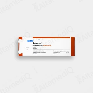 Caja de medicamento hematológico de alta especialidad Aranesp Darbepoetina Alfa 300 mcg / 0.6 mL solución inyectable con una jeringa prellenada Amgen. Farmacia de Alta Especialidad AltamediQ.