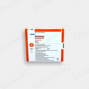 Caja de medicamento hematológico de alta especialidad Aranesp Darbepoetina Alfa 30 mcg / 0.3 mL solución inyectable con cuatro jeringas prellenadas Amgen. Farmacia de Alta Especialidad AltamediQ.