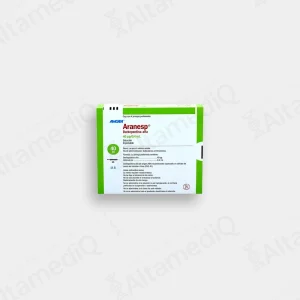 Caja de medicamento hematológico de alta especialidad Aranesp Darbepoetina Alfa 40 mcg / 0.4 mL solución inyectable con cuatro jeringas prellenadas Amgen. Farmacia de Alta Especialidad AltamediQ.