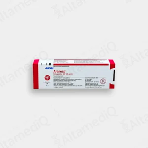 Caja de medicamento hematológico de alta especialidad Aranesp Darbepoetina Alfa 500 mcg / 1 mL solución inyectable con una jeringa prellenada Amgen. Farmacia de Alta Especialidad AltamediQ.