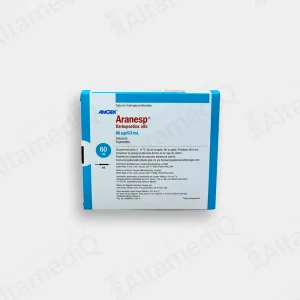 Caja de medicamento hematológico de alta especialidad Aranesp Darbepoetina Alfa 60 mcg / 0.3 mL solución inyectable con cuatro jeringas prellenadas Amgen. Farmacia de Alta Especialidad AltamediQ.
