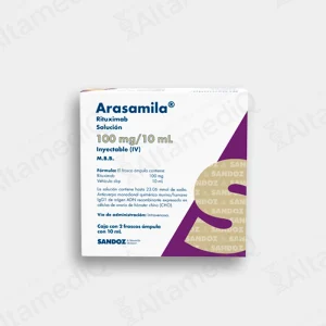 Caja de medicamento biológico de alta especialidad Arasamila Rituximab 100 mg con 2 frascos ámpula Sandoz. Farmacia de Alta Especialidad AltamediQ.