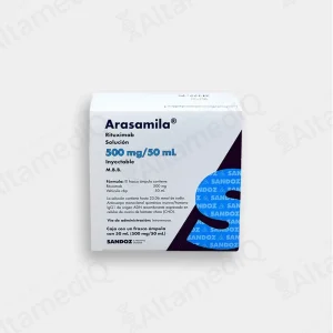 Caja de medicamento biológico de alta especialidad Arasamila Rituximab 500 mg solución inyectable Sandoz. Farmacia de Alta Especialidad AltamediQ.