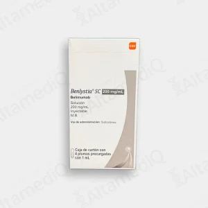 Caja de medicamento biológico de alta especialidad Benlysta Belimumab 200 mg / mL con 4 plumas precargadas GSK. Farmacia de Alta Especialidad AltamediQ.
