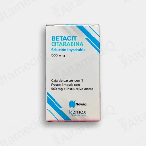 Caja de medicamento oncológico de alta especialidad Betacit Citarabina 500 mg solución inyectable con un frasco ámpula Novag. Farmacia de Alta Especialidad AltamediQ.