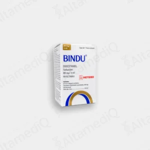 Caja de medicamento oncológico citotóxico de alta especialidad Bindu Docetaxel 80 mg / 4 mL solución inyectable con un frasco ámpula Hetero. Farmacia de Alta Especialidad AltamediQ.