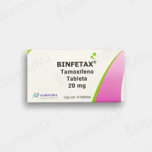 Caja de medicamento de terapia hormonal oncológica Binfetax Tamoxifeno 20 mg con 14 tabletas Aurovida. Farmacia de Alta Especialidad AltamediQ.