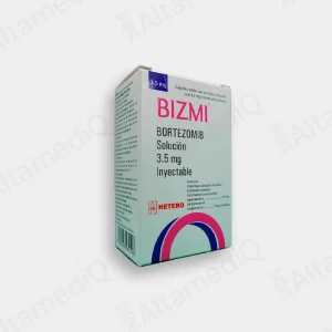 Caja de medicamento oncológico de alta especialidad Bizmi Bortezomib 3.5 mg solución inyectable con un frasco ámpula Hetero. Farmacia de Alta Especialidad AltamediQ.