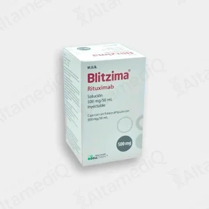 Caja de medicamento biológico de alta especialidad Blitzima Rituximab 500 mg / 50 mL solución inyectable Celltrion Healthcare. Farmacia de Alta Especialidad AltamediQ.