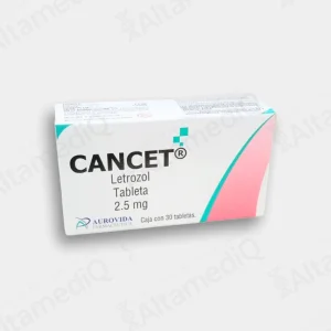 Caja de medicamento de terapia hormonal oncológica Cancet Letrozol 2.5 mg con 30 tabletas Aurovida. Farmacia de Alta Especialidad AltamediQ.
