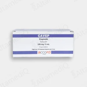 Caja de medicamento oncológico de alta especialidad Cavep Etopósido 100 mg / 5 mL solución inyectable con diez frascos ámpula Accord. Farmacia de Alta Especialidad AltamediQ.
