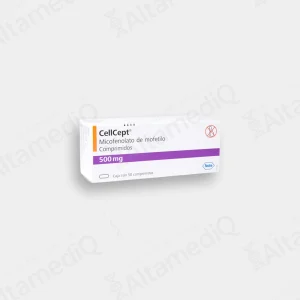 Caja de medicamento inmunosupresor de alta especialidad CellCept Micofenolato de Mofetilo 500 mg con 50 comprimidos Roche. Farmacia de Alta Especialidad AltamediQ.