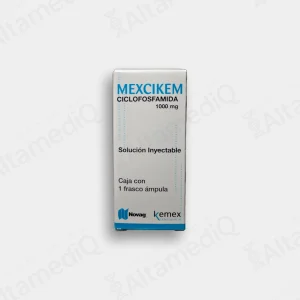 Caja de medicamento oncológico Ciclofosfamida 1000 mg solución inyectable Mexikem. Farmacia de Alta Especialidad AltamediQ.