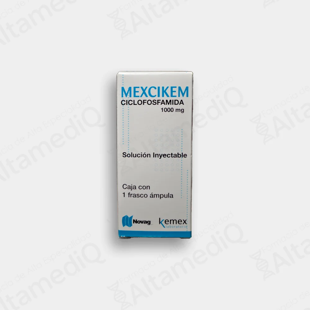 Caja de medicamento oncológico Ciclofosfamida 1000 mg solución inyectable Mexikem. Farmacia de Alta Especialidad AltamediQ.