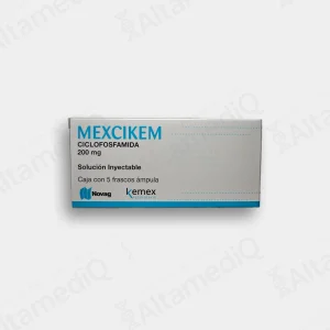 Caja de medicamento oncológico Ciclofosfamida 200 mg solución inyectable con 5 frascos Mexikem. Farmacia de Alta Especialidad AltamediQ.