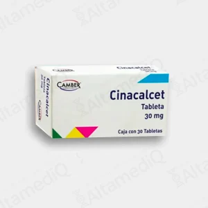 Caja de medicamento de alta especialidad Cinacalcet Camber 30 mg con 30 tabletas. Farmacia de Alta Especialidad AltamediQ.
