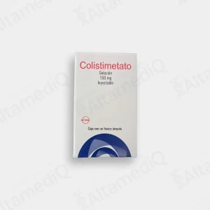 Caja de medicamento de alta especialidad Colistimetato 150 mg solución inyectable con un frasco ámpula Hetero. Farmacia de Alta Especialidad AltamediQ.
